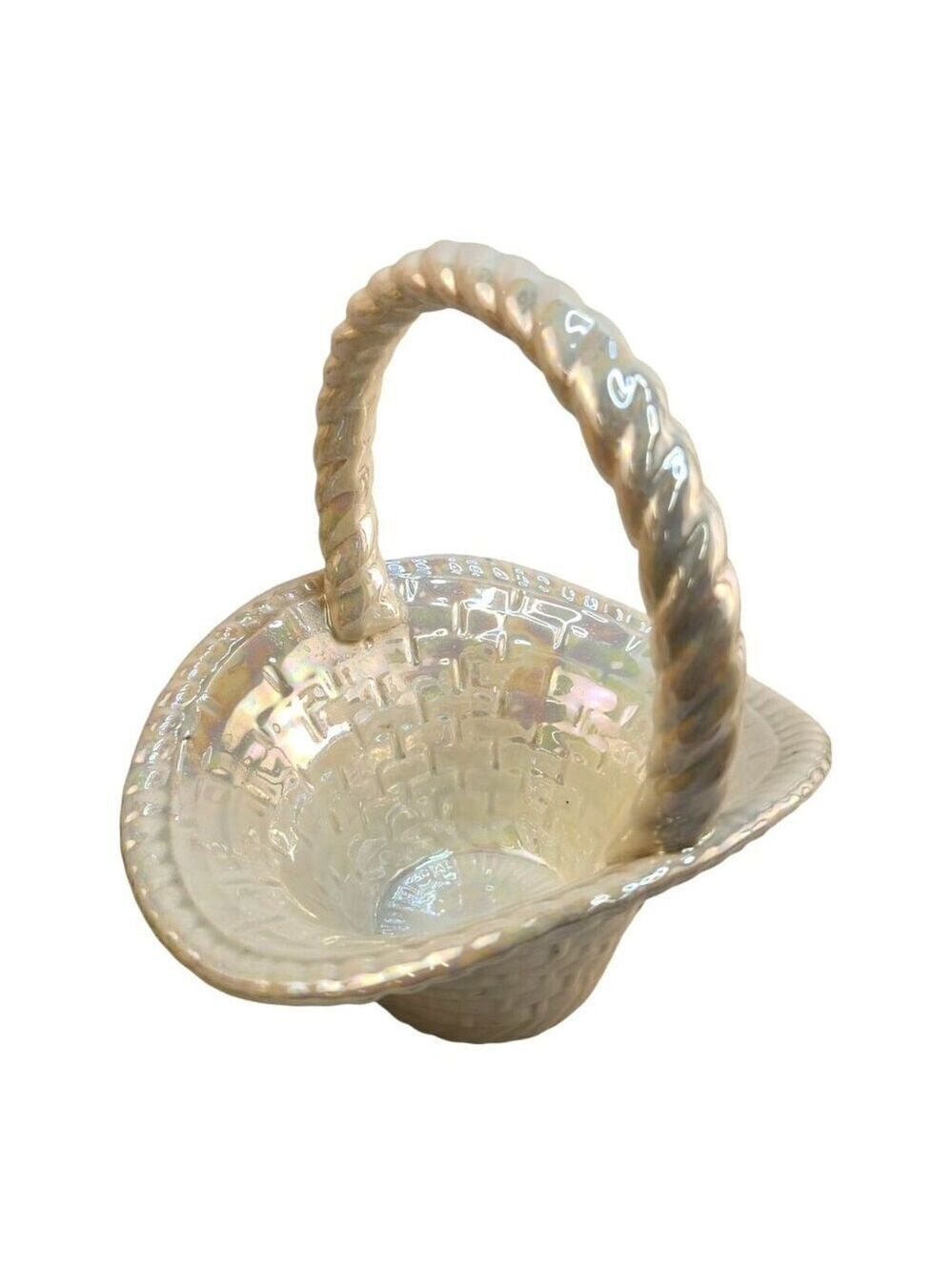 White Iridescent Ceramic Basket With Braided Handle Vintage Handmade
